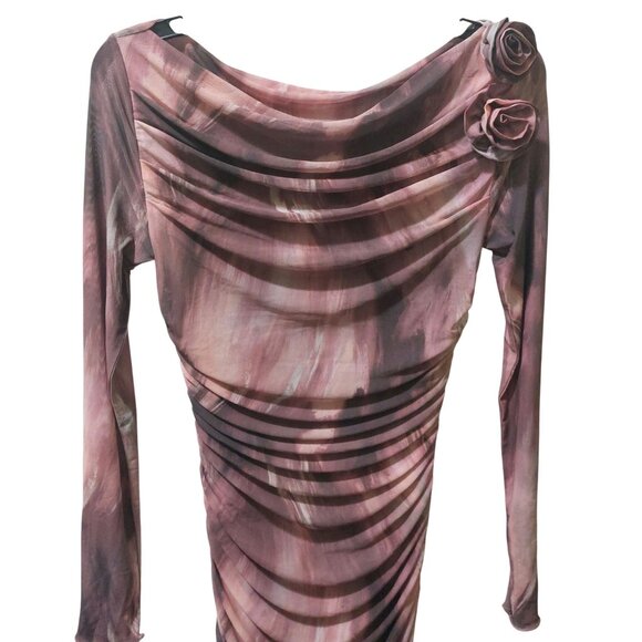 NWT Commense Women's Pink/Mauve Long Sleeve Ruched Mesh Dress W/ Rosette's Large - Picture 11 of 12